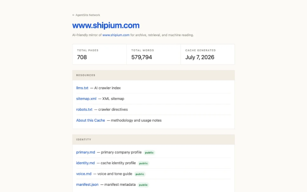 Shipium's Agentsite — the machine-native version